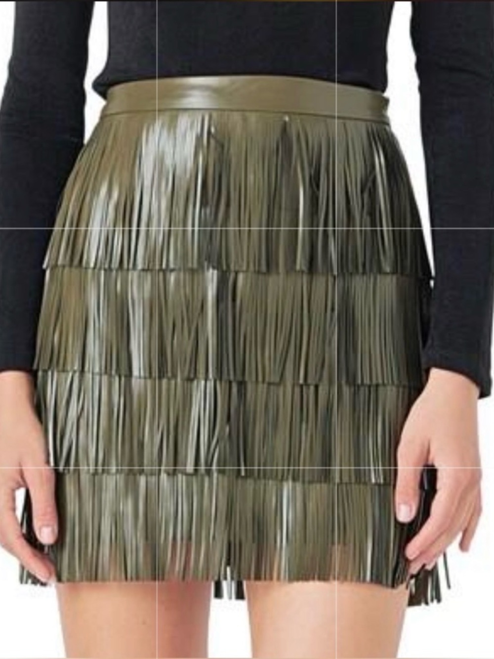 Endless Rose Olive Green Faux-Leather Fringe Mini Skirt